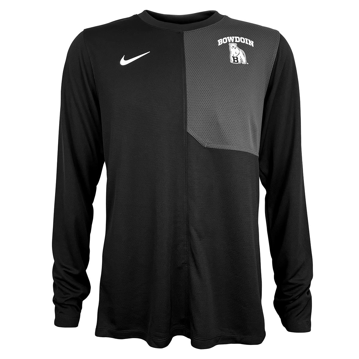 Black and gray long-sleeved athletic shirt with Nike logo and 'Bowdoin' branding on a white background
