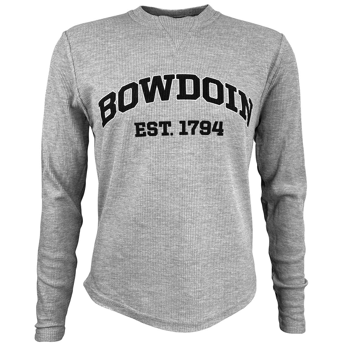 Heather grey waffle-knit long-sleeved shirt with black arched BOWDOIN with white stroke outline over black EST. 1794 chest imprint.