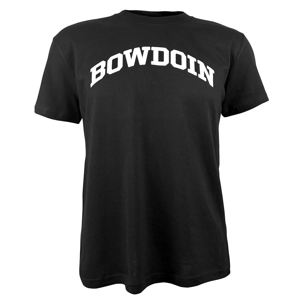 Black t-shirt with 'BOWDOIN' printed in white on a white background