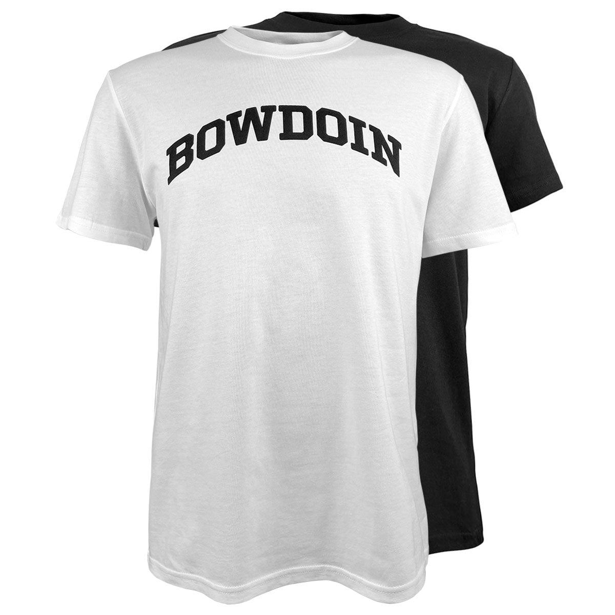 One black and one white short-sleeved T-shirt with 'BOWDOIN' text on a white background
