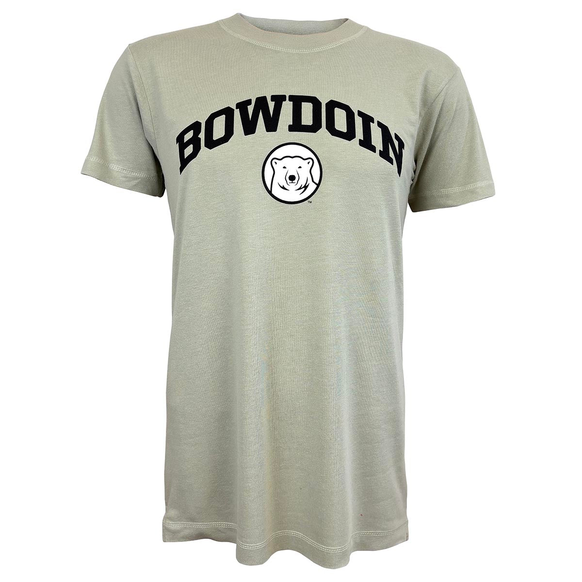 Grayish-green t-shirt with 'Bowdoin' and a bear logo on a white background
