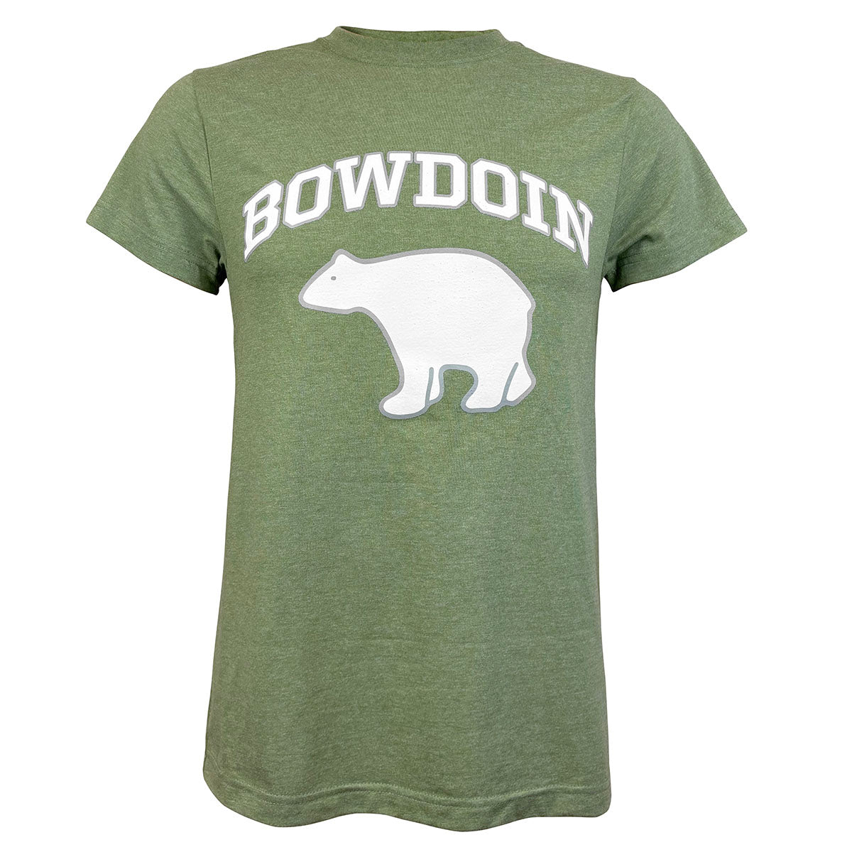 Heather green t-shirt with 'Bowdoin' and a bear graphic on a white background