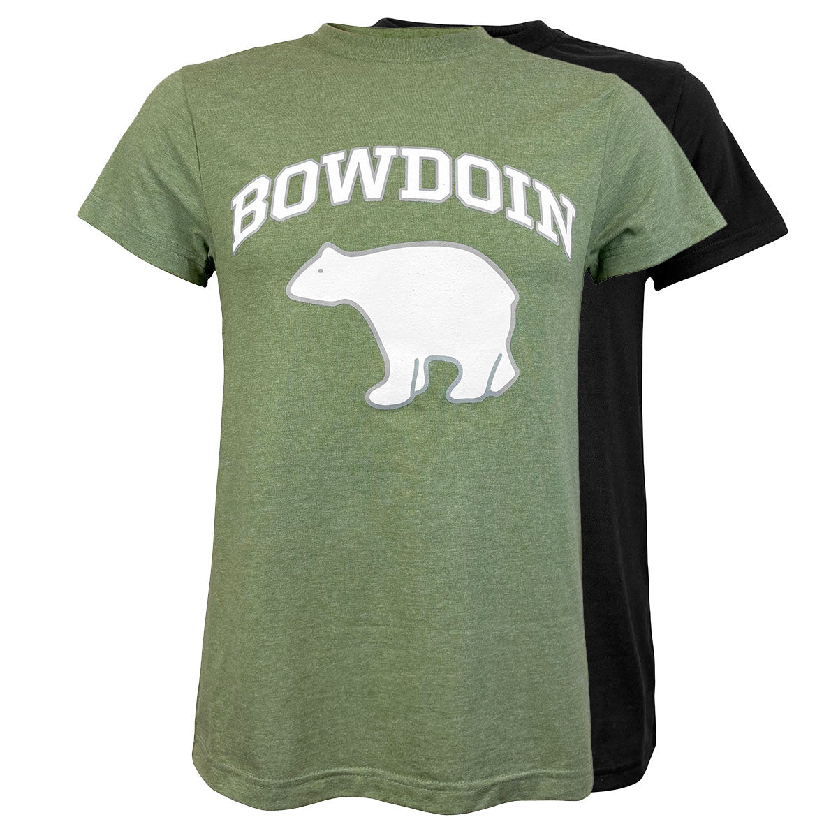 Heather green and black Bowdoin tees with vintage polar bear imprint.
