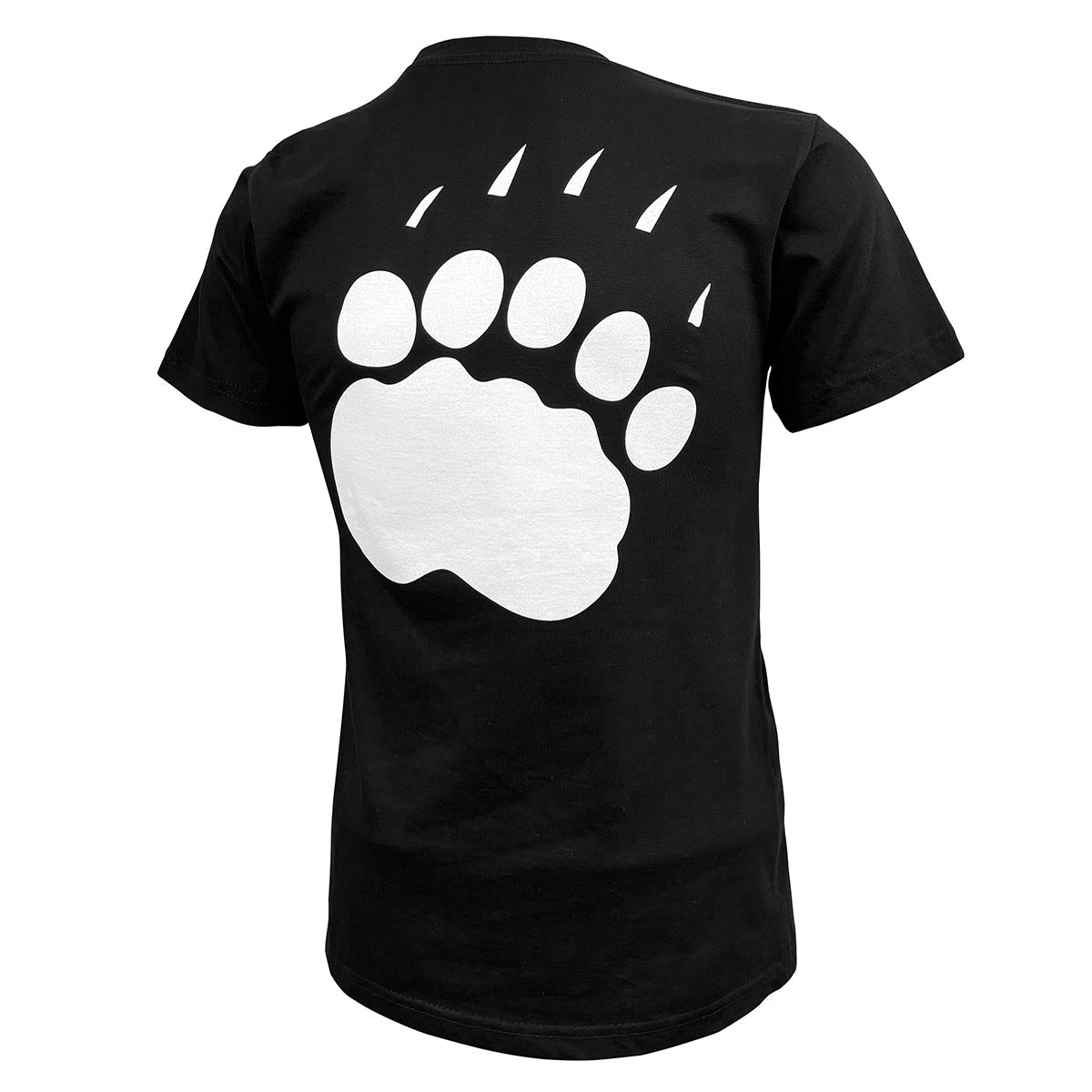 Black t-shirt with a white bear paw print on the back against a white background