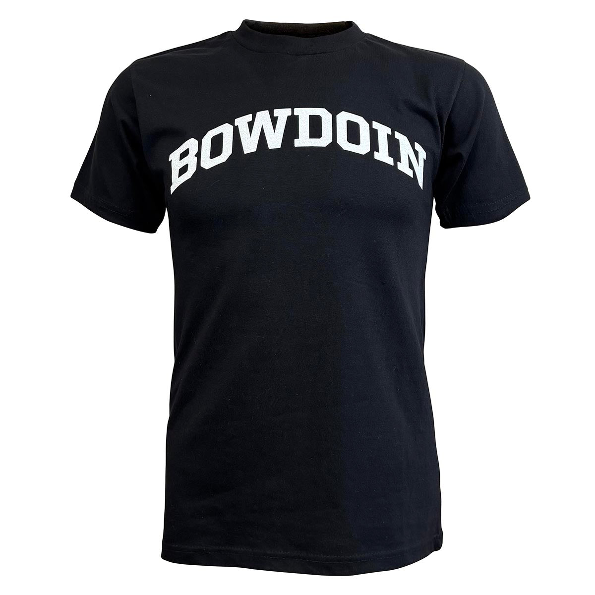 Black t-shirt with 'BOWDOIN' printed in white on a white background