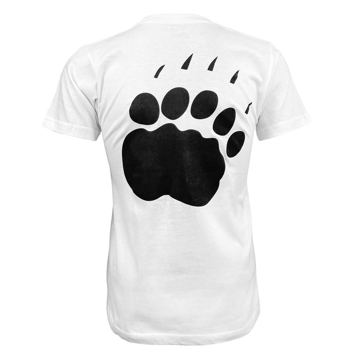 White t-shirt with a black bear paw print design on the back on a white background