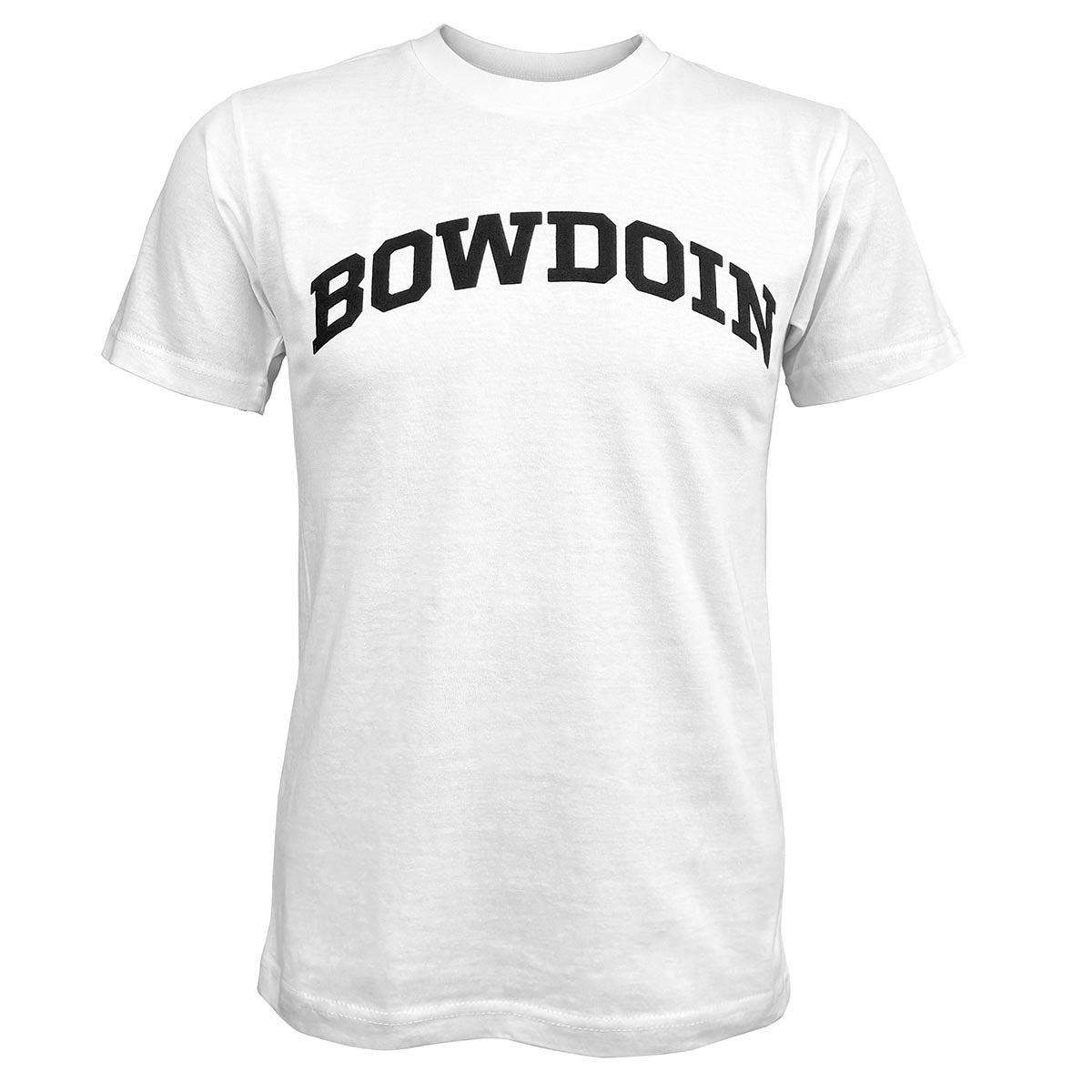 White t-shirt with 'BOWDOIN' printed in black on a white background