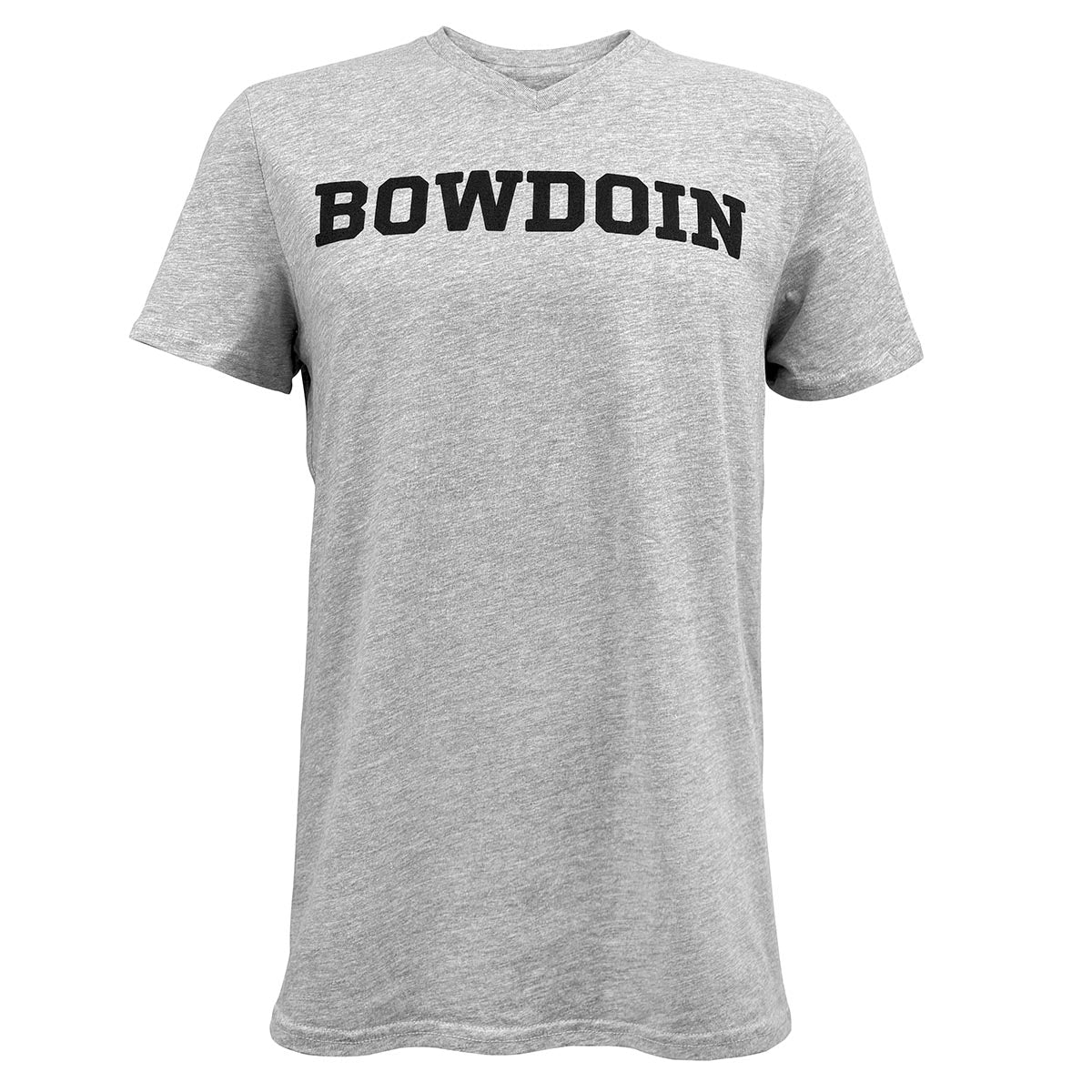 Gray v-neck t-shirt with 'BOWDOIN' printed on it against a white background