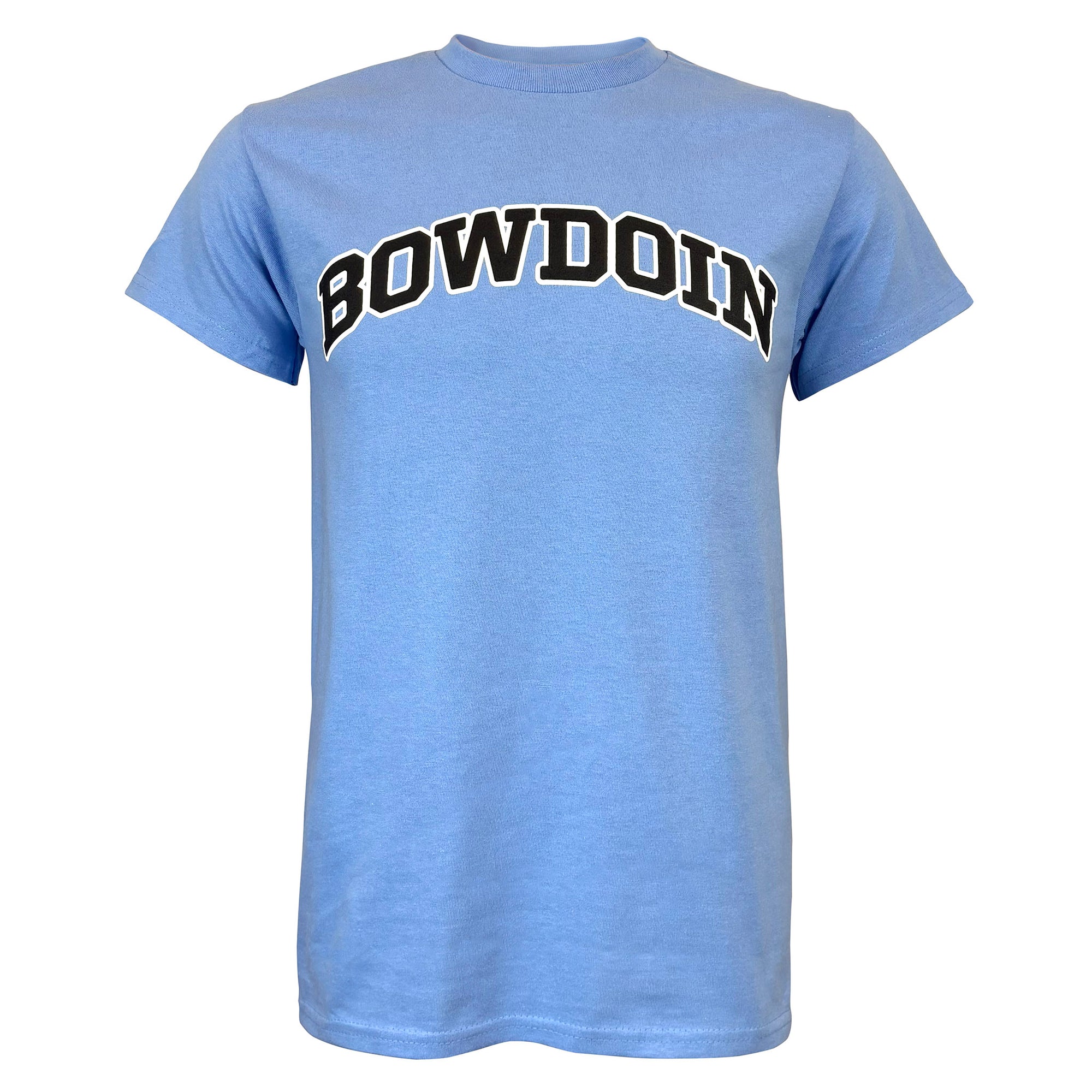A light blue short-sleeve t-shirt with 'BOWDOIN' printed across the chest in black varsity-style block letters with a white outline, shown against a plain white background.