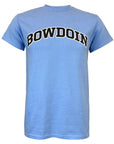 A light blue short-sleeve t-shirt with 'BOWDOIN' printed across the chest in black varsity-style block letters with a white outline, shown against a plain white background.