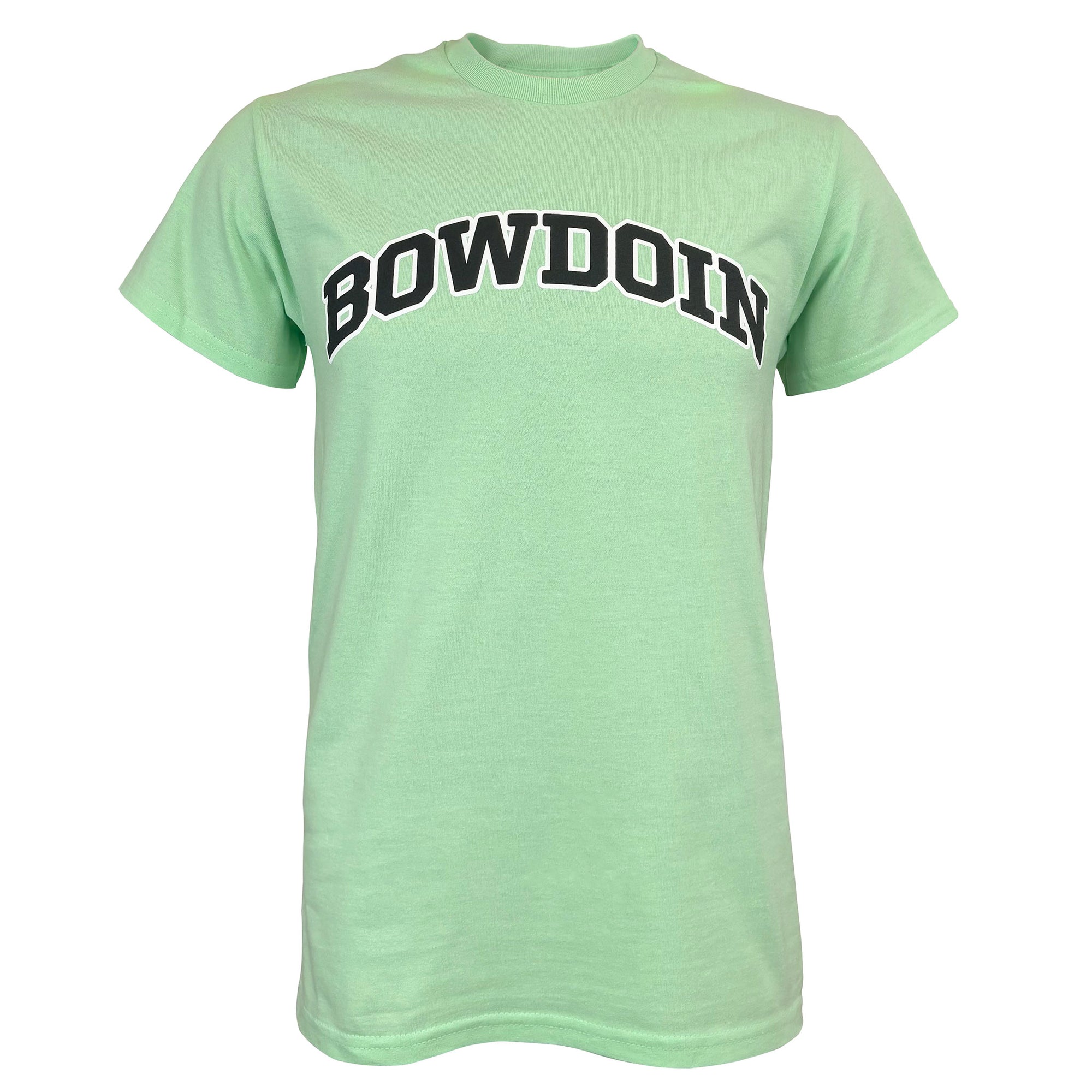 A light green crewneck t-shirt featuring the word 'BOWDOIN' printed across the chest in black varsity-style block letters with a white outline.