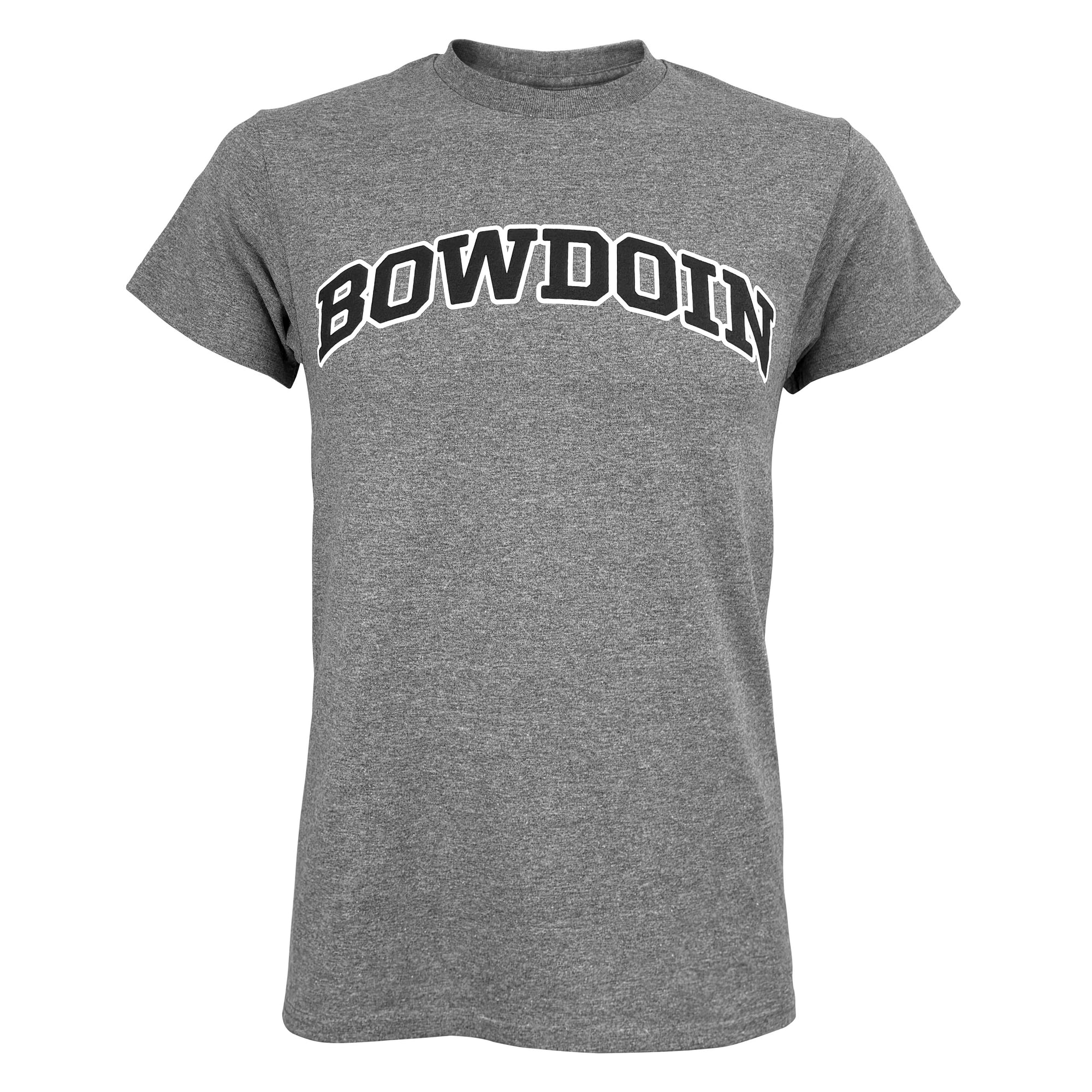 A heather gray short-sleeve crewneck t-shirt featuring the word 'BOWDOIN' printed across the chest in arched black varsity-style lettering with a white outline.