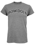 A heather gray short-sleeve crewneck t-shirt featuring the word 'BOWDOIN' printed across the chest in arched black varsity-style lettering with a white outline.