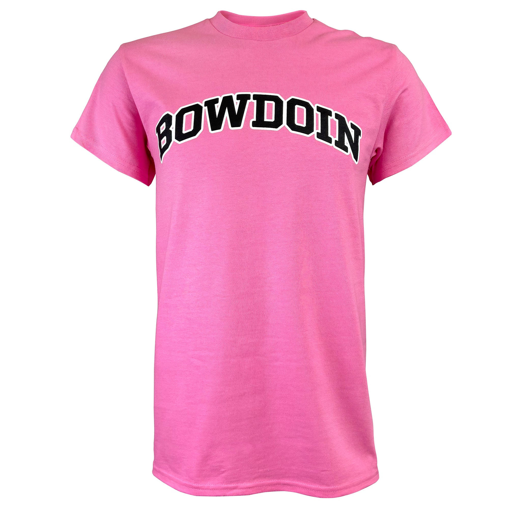 A pink short-sleeve crewneck t-shirt featuring the word 'BOWDOIN' printed across the chest in black varsity-style lettering with a white outline, shown against a plain white background.