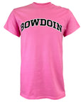 A pink short-sleeve crewneck t-shirt featuring the word 'BOWDOIN' printed across the chest in black varsity-style lettering with a white outline, shown against a plain white background.