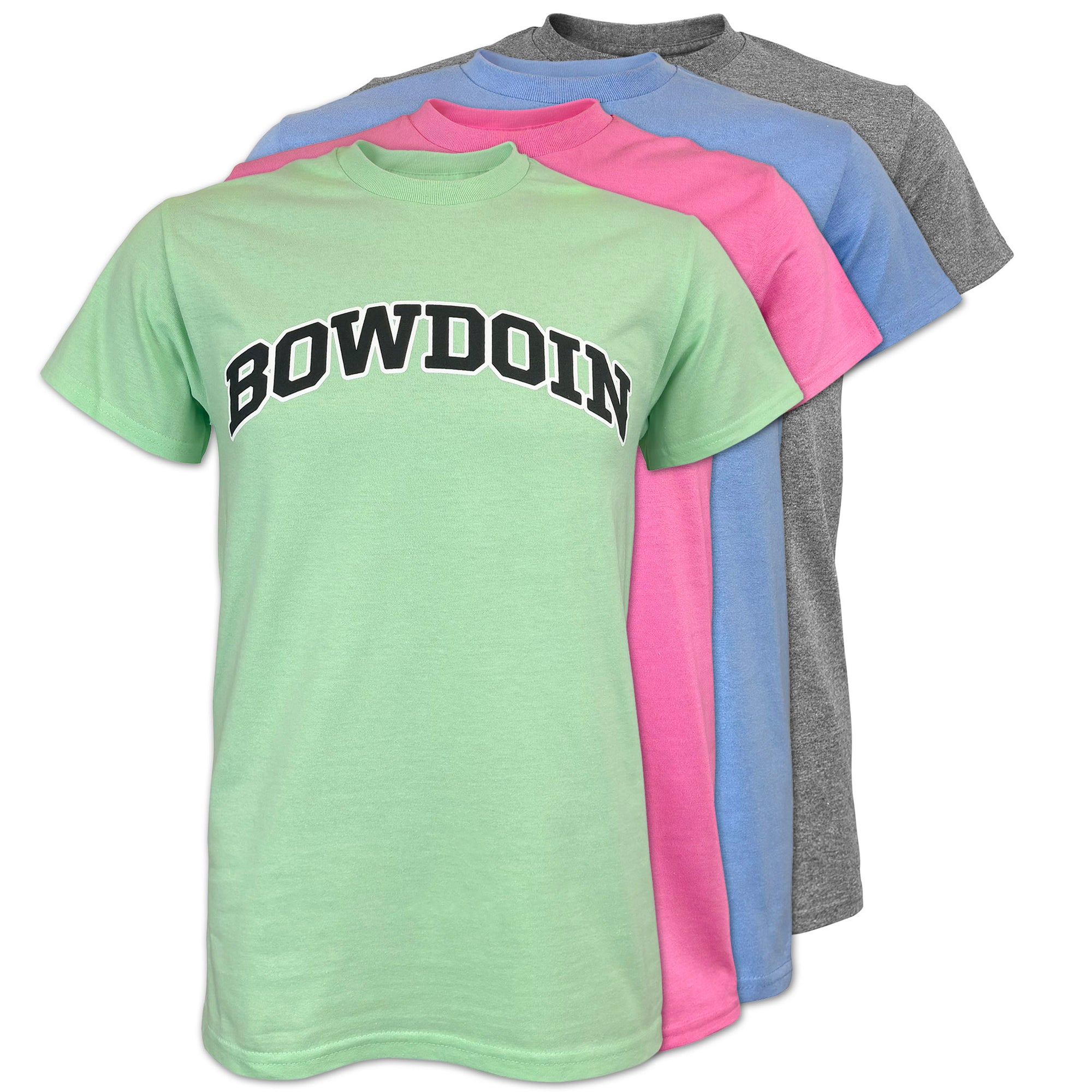 A stack of four short-sleeve crewneck t-shirts in light green, pink, blue, and heather gray, with the front green shirt featuring 'BOWDOIN' printed across the chest in black arched lettering.