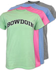 A stack of four short-sleeve crewneck t-shirts in light green, pink, blue, and heather gray, with the front green shirt featuring 'BOWDOIN' printed across the chest in black arched lettering.
