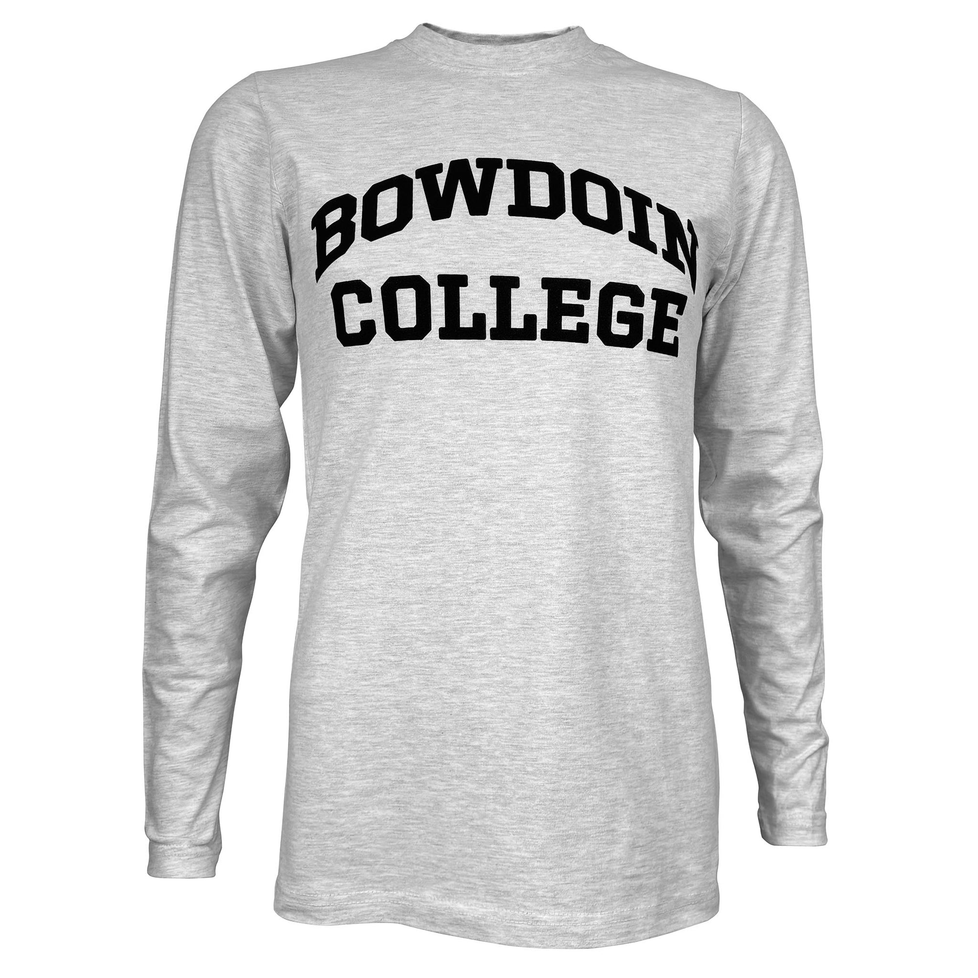 A light heather gray long-sleeve t-shirt with 'BOWDOIN COLLEGE' printed in black arched block letters across the chest, shown on a plain white background.