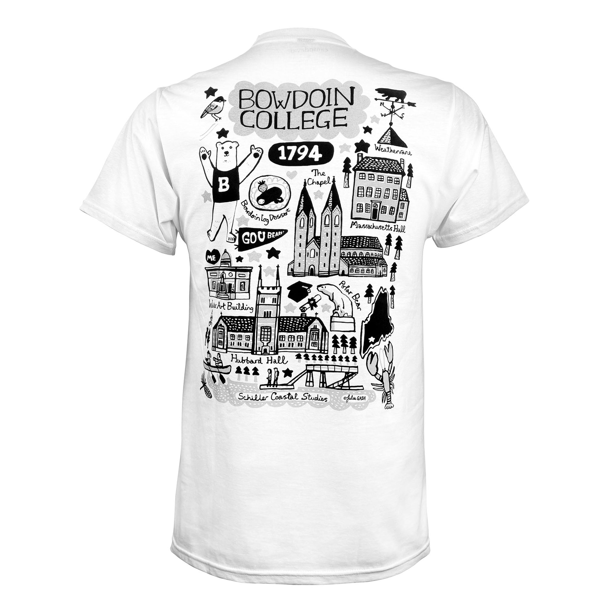 White short-sleeve t-shirt shown from the back, featuring a large black hand-drawn style graphic of Bowdoin College campus elements, buildings, and text including 'BOWDOIN COLLEGE' and '1794'.