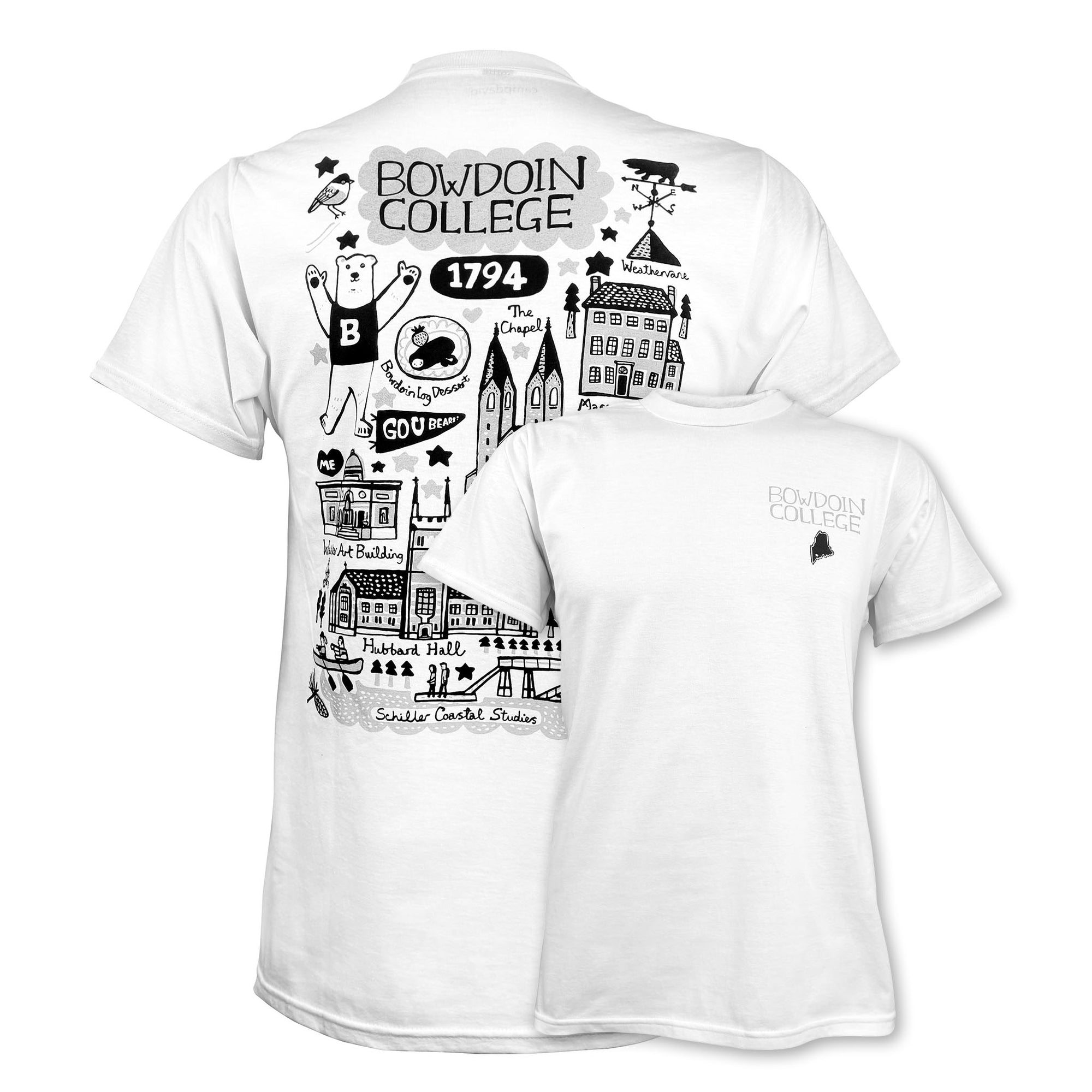 White short-sleeve t-shirt shown from both front and back. The back features a large black hand-drawn style graphic of Bowdoin College buildings, mascot, and the year 1794.
