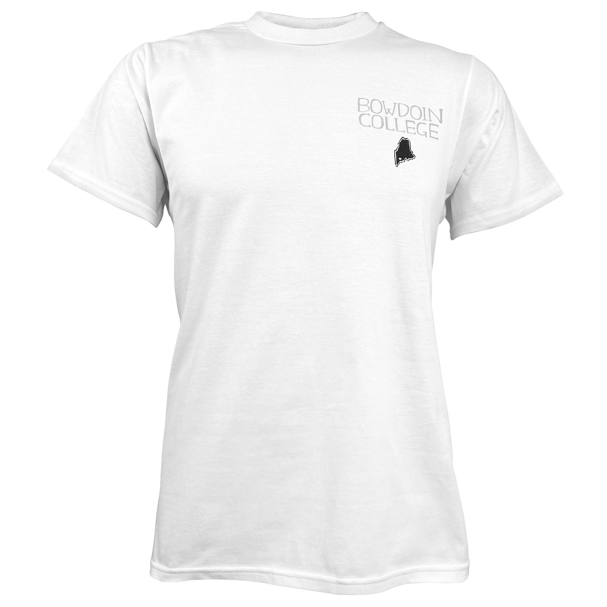 A white short-sleeve crewneck t-shirt featuring a small graphic on the left chest with the text 'BOWDOIN COLLEGE' in a light gray font and a small black State of Maine logo below it, displayed on a clean white background.
