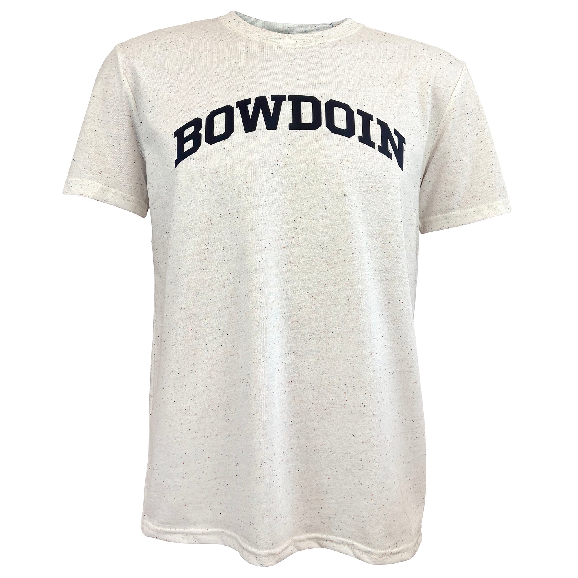 An off-white heathered t-shirt featuring the word 'BOWDOIN' printed in arched black collegiate block letters across the chest, displayed against a solid white background.
