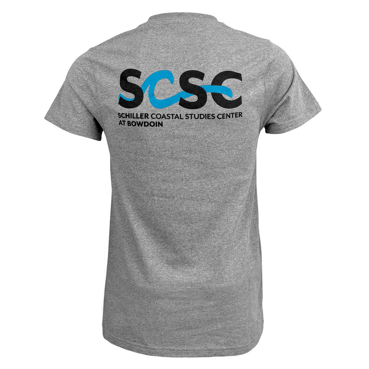 Back view of gray short sleeved t-shirt with a large SCSC logo in black and blue on the back.