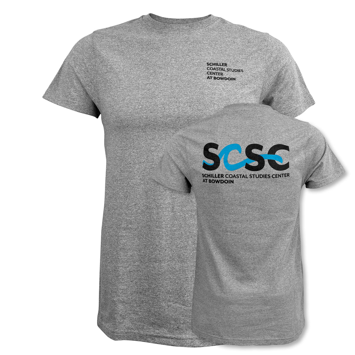 Front and back views of heather gray T-shirt with black Schiller Coastal Studies Center at Bowdoin on the front left chest, and a large SCSC logo in black and blue on the back.