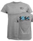 Front and back views of heather gray T-shirt with black Schiller Coastal Studies Center at Bowdoin on the front left chest, and a large SCSC logo in black and blue on the back.
