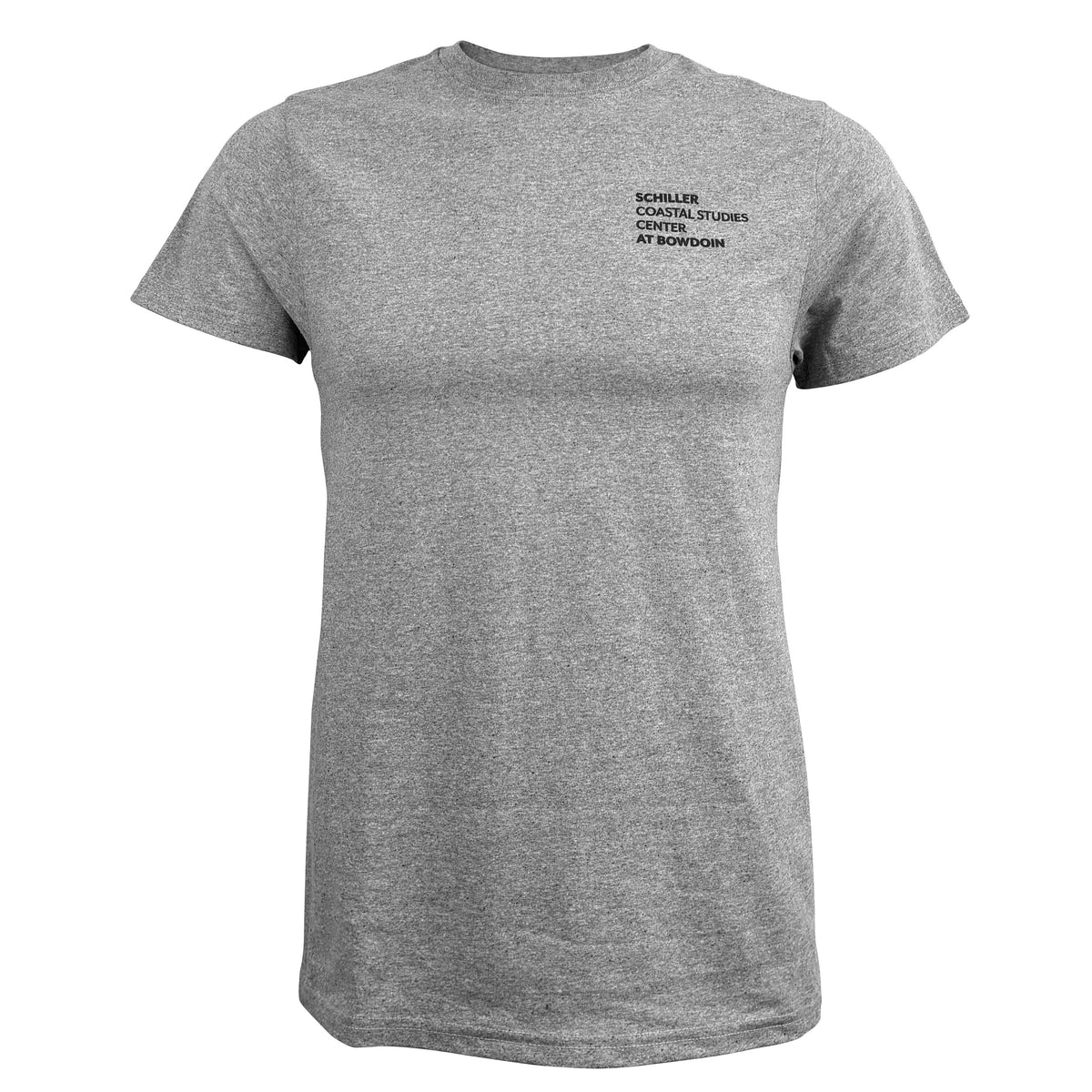 Front view of heather gray T-shirt with black Schiller Coastal Studies Center at Bowdoin on the front left chest.