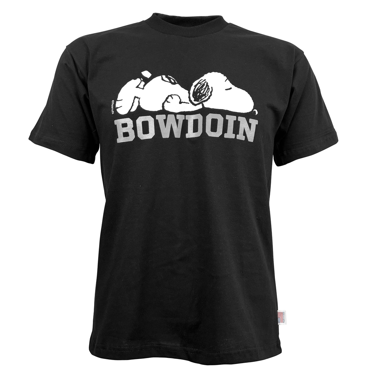 Black short-sleeved t-shirt with imprint of sleeping Snoopy cartoon character lying on the word BOWDOIN printed in gray. 