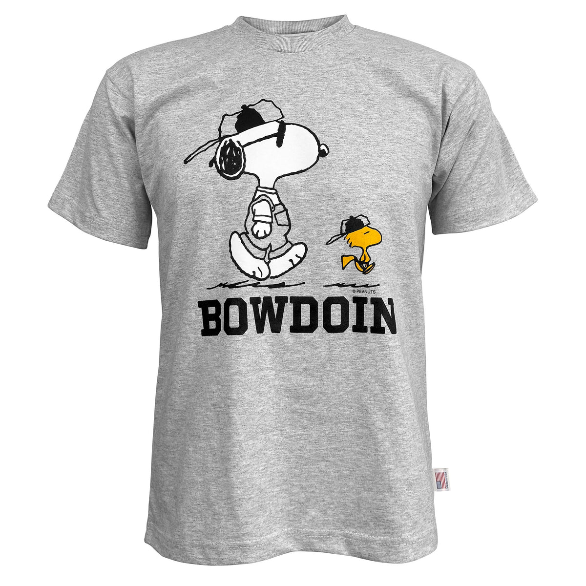 A heather gray short-sleeve t-shirt featuring a graphic of Snoopy wearing a hat and sunglasses, Woodstock in a small black hat, and the word 'BOWDOIN' printed in bold black letters.