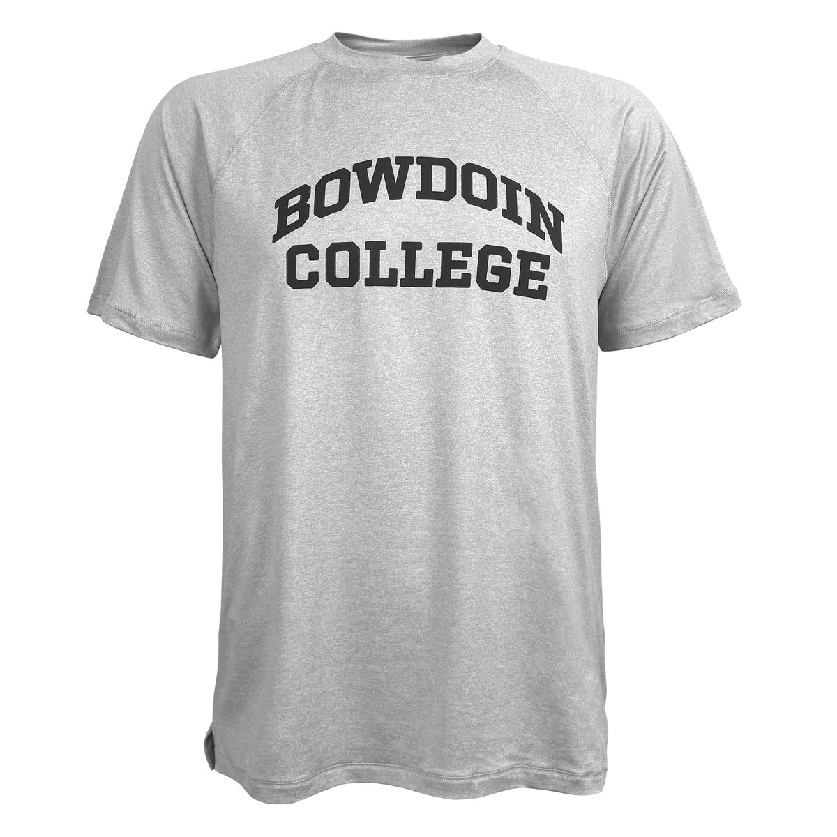 A light gray heather short-sleeve t-shirt with 'BOWDOIN COLLEGE' printed in black arched block letters across the chest, displayed on a clean white background.