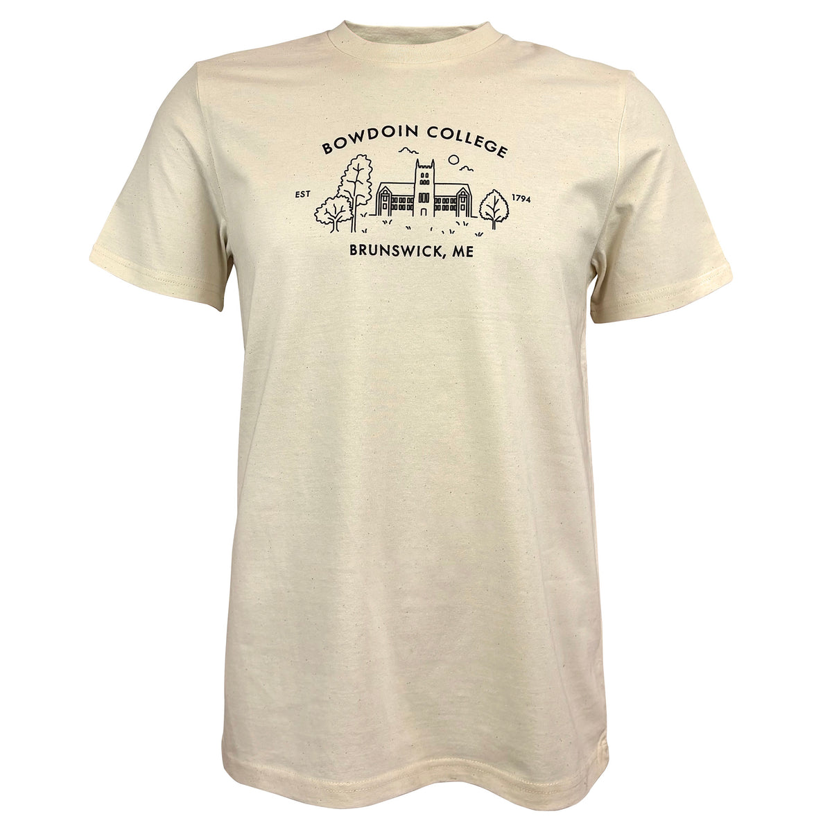 Speckled beige short-sleeved T-shirt with black line drawing of Hubbard Hall and BOWDOIN COLLEGE EST 1794 BRUNSWICK, ME decoration on chest.