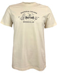 Speckled beige short-sleeved T-shirt with black line drawing of Hubbard Hall and BOWDOIN COLLEGE EST 1794 BRUNSWICK, ME decoration on chest.