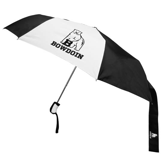 Sport umbrella with alternating black and white panels, polar bear mascot over BOWDOIN imprint in black on white panel. Black and white handle grip. Wide black closure strap with small white imprint of mascot over BOWDOIN hangs from one side.