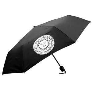 Black umbrella with white imprint of Bowdoin sun seal.