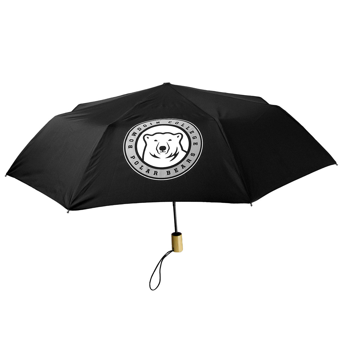 Black umbrella with polar bear medallion surrounded by the words BOWDOIN COLLEGE POLAR BEARS. Wooden handle cap.