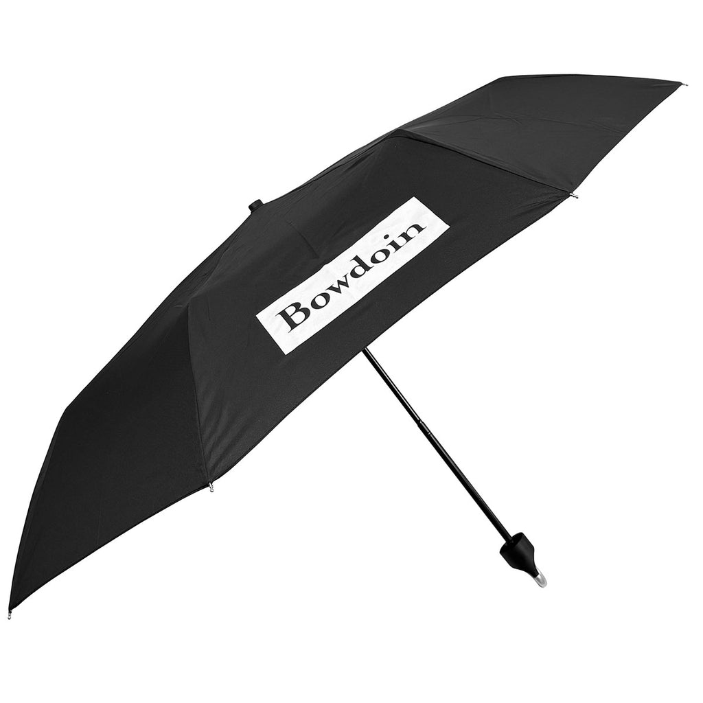 Black umbrella with white rectangle imprint. Inside rectangle is the Bowdoin wordmark in black letters.