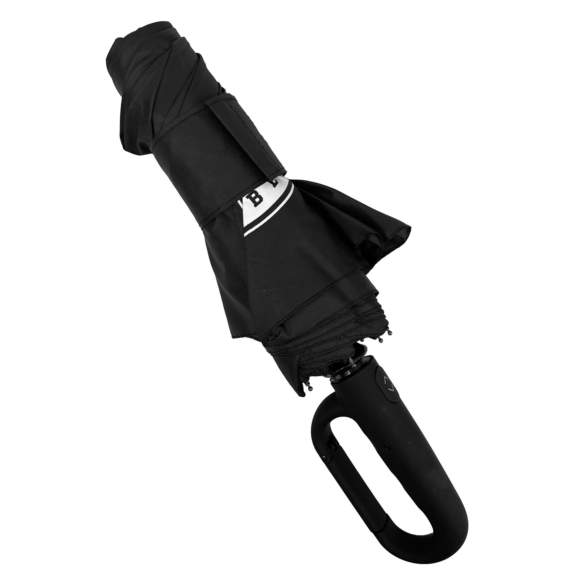 Black umbrella with a carabiner on a white background