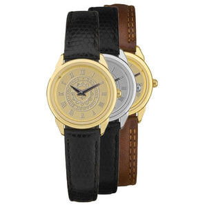 Women's wristwatch in gold with black band, silver with black band, and gold with brown band.