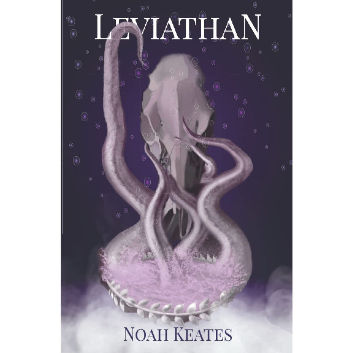 Book cover for 'Leviathan' by Noah Keates, featuring a pale lavender octopus-like creature rising from misty water against a dark purple background with floating circular lights.