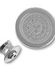 Engraved Bowdoin sun seal lapel pin in silver tone.