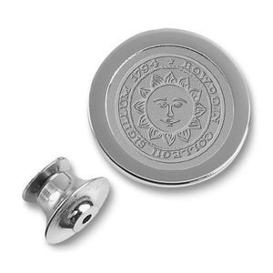Engraved Bowdoin sun seal lapel pin in silver tone.