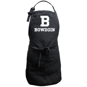 Black apron with white imprint on chest of B over BOWDOIN.