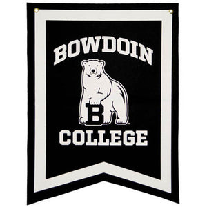 Black felt swallowtail shaped banner with white border and white imprint of BOWDOIN arched over the polar bear mascot over the word COLLEGE.