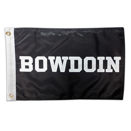 Black flag with white edge and brass grommets. White imprint of BOWDOIN on flag.