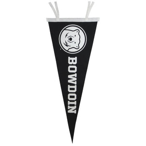 Wedge-shaped black felt pennant with white felt ties. The Bowdoin polar bear mascot medallion is imprinted in white at the thick end of the wedge, and the word BOWDOIN is to the right of the medallion reading towards the narrow end.