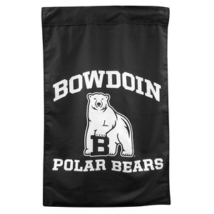 Large black banner with white imprint of BOWDOIN arched over mascot over POLAR BEARS.
