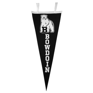 Black felt wedge-shaped pennant with white ties and imprint. Bowdoin polar bear mascot over the word BOWDOIN aligned vertically.